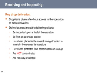 Receiving and Inspecting
Key drop deliveries:
 Supplier is given after-hour access to the operation
to make deliveries
 Deliveries must meet the following criteria:
o Be inspected upon arrival at the operation
o Be from an approved source
o Have been placed in the correct storage location to
maintain the required temperature
o Have been protected from contamination in storage
o Are NOT contaminated
o Are honestly presented
5-6
 
