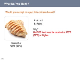 A. Accept
B. Reject
What Do You Think?
Would you accept or reject this chicken breast?
5-16
Received at
120ºF (49ºC)
Why?
Hot TCS food must be received at 135ºF
(57ºC) or higher.
 