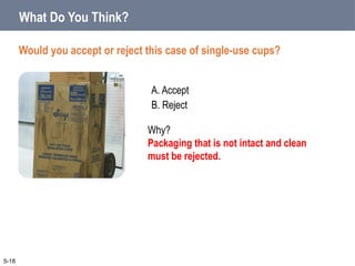 A. Accept
B. Reject
What Do You Think?
Would you accept or reject this case of single-use cups?
5-18
Why?
Packaging that is not intact and clean
must be rejected.
 