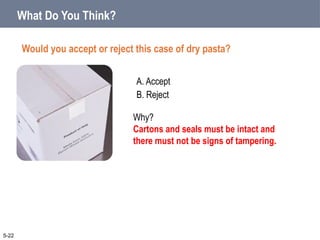 A. Accept
B. Reject
What Do You Think?
Would you accept or reject this case of dry pasta?
5-22
Why?
Cartons and seals must be intact and
there must not be signs of tampering.
 