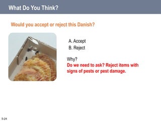 A. Accept
B. Reject
What Do You Think?
Would you accept or reject this Danish?
5-24
Why?
Do we need to ask? Reject items with
signs of pests or pest damage.
 