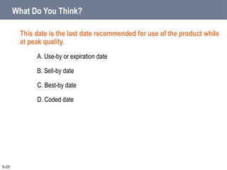 What Do You Think?
This date is the last date recommended for use of the product while
at peak quality.
A. Use-by or expiration date
B. Sell-by date
C. Best-by date
D. Coded date
5-25
 
