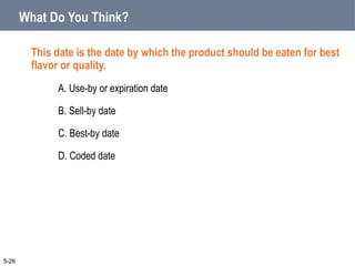 What Do You Think?
This date is the date by which the product should be eaten for best
flavor or quality.
A. Use-by or expiration date
B. Sell-by date
C. Best-by date
D. Coded date
5-26
 