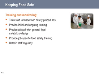Keeping Food Safe
Training and monitoring:
 Train staff to follow food safety procedures
 Provide initial and ongoing training
 Provide all staff with general food
safety knowledge
 Provide job-specific food safety training
 Retrain staff regularly
1-17
 