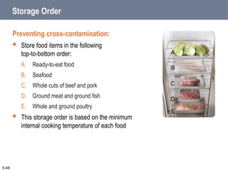 Storage Order
Preventing cross-contamination:
 Store food items in the following
top-to-bottom order:
A. Ready-to-eat food
B. Seafood
C. Whole cuts of beef and pork
D. Ground meat and ground fish
E. Whole and ground poultry
 This storage order is based on the minimum
internal cooking temperature of each food
5-48
A
B
C
D
E
 