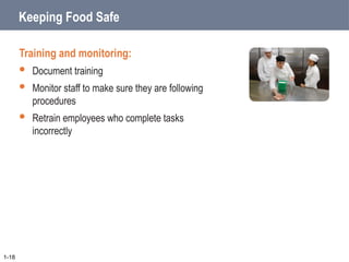 Keeping Food Safe
Training and monitoring:
 Document training
 Monitor staff to make sure they are following
procedures
 Retrain employees who complete tasks
incorrectly
1-18
 