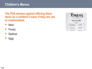 Children’s Menus
The FDA advises against offering these
items on a children’s menu if they are raw
or undercooked:
 Meat
 Poultry
 Seafood
 Eggs
6-28
 