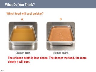 What Do You Think?
A.
6-31
B.
The chicken broth is less dense. The denser the food, the more
slowly it will cool.
Chicken broth Refried beans
Which food will cool quicker?
 