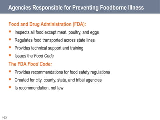 Agencies Responsible for Preventing Foodborne Illness
Food and Drug Administration (FDA):
 Inspects all food except meat, poultry, and eggs
 Regulates food transported across state lines
 Provides technical support and training
 Issues the Food Code
The FDA Food Code:
 Provides recommendations for food safety regulations
 Created for city, county, state, and tribal agencies
 Is recommendation, not law
1-23
 