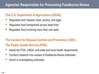 Agencies Responsible for Preventing Foodborne Illness
The U.S. Department of Agriculture (USDA):
 Regulates and inspects meat, poultry, and eggs
 Regulates food transported across state lines
 Regulates food involving more than one state
The Centers for Disease Control and Prevention (CDC)
The Public Health Service (PHS):
 Assist the FDA, USDA, and state and local health departments
 Conduct research into causes of foodborne-illness outbreaks
 Assist in investigating outbreaks
1-24
 