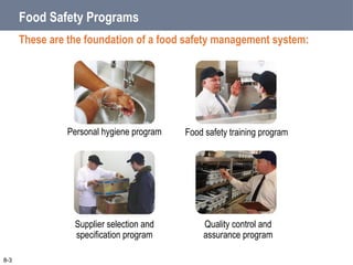 Food Safety Programs
Personal hygiene program Food safety training program
Quality control and
assurance program
Supplier selection and
specification program
8-3
These are the foundation of a food safety management system:
 