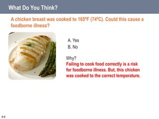 A. Yes
B. No
What Do You Think?
A chicken breast was cooked to 165ºF (74ºC). Could this cause a
foodborne illness?
8-6
Why?
Failing to cook food correctly is a risk
for foodborne illness. But, this chicken
was cooked to the correct temperature.
 