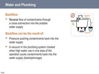 Water and Plumbing
Backflow:
 Reverse flow of contaminants through
a cross-connection into the potable
water supply
Backflow can be the result of:
 Pressure pushing contaminants back into the
water supply
 A vacuum in the plumbing system created
when high water use in one area of the
operation sucks contaminants back into the
water supply (backsiphonage)
9-22
 