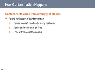 How Contamination Happens
Contaminants come from a variety of places:
 Fecal–oral route of contamination
1. Failure to wash hands after using restroom
2. Feces on fingers gets on food
3. Food with feces is then eaten
2-5
 