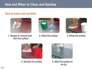 5. Allow the surface to
air-dry
4. Sanitize the surface
3. Rinse the surface
2. Wash the surface
1. Scrape or remove food
from the surface
How and When to Clean and Sanitize
How to clean and sanitize:
10-9
 