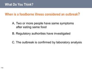 What Do You Think?
When is a foodborne illness considered an outbreak?
A. Two or more people have same symptoms
after eating same food
B. Regulatory authorities have investigated
C. The outbreak is confirmed by laboratory analysis
1-4
 