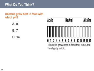 What Do You Think?
Bacteria grow best in food with
which pH?
A. 0
B. 7
C. 14
2-8
Bacteria grow best in food that is neutral
to slightly acidic.
 