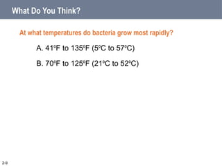 What Do You Think?
At what temperatures do bacteria grow most rapidly?
A. 41ºF to 135ºF (5ºC to 57ºC)
B. 70ºF to 125ºF (21ºC to 52ºC)
2-9
 