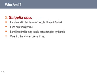 3. _____________________
 I am found in the feces of people I have infected.
 Flies can transfer me.
 I am linked with food easily contaminated by hands.
 Washing hands can prevent me.
Shigella spp.
2-15
Who Am I?
 
