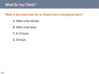 What Do You Think?
What is the onset time for an illness from a biological toxin?
A. Within a few minutes
B. Within a few hours
C. 6–12 hours
D. 24 hours
2-21
 
