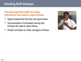 Handling Staff Illnesses
Provide proof that staff have been
informed of the need to report illness:
 Signed statements that they will report illness
 Documentation of completed training that
includes the need to report illness
 Posted reminders to notify managers of illness
3-20
 