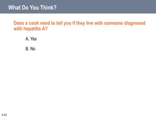 What Do You Think?
Does a cook need to tell you if they live with someone diagnosed
with hepatitis A?
A. Yes
B. No
3-22
 