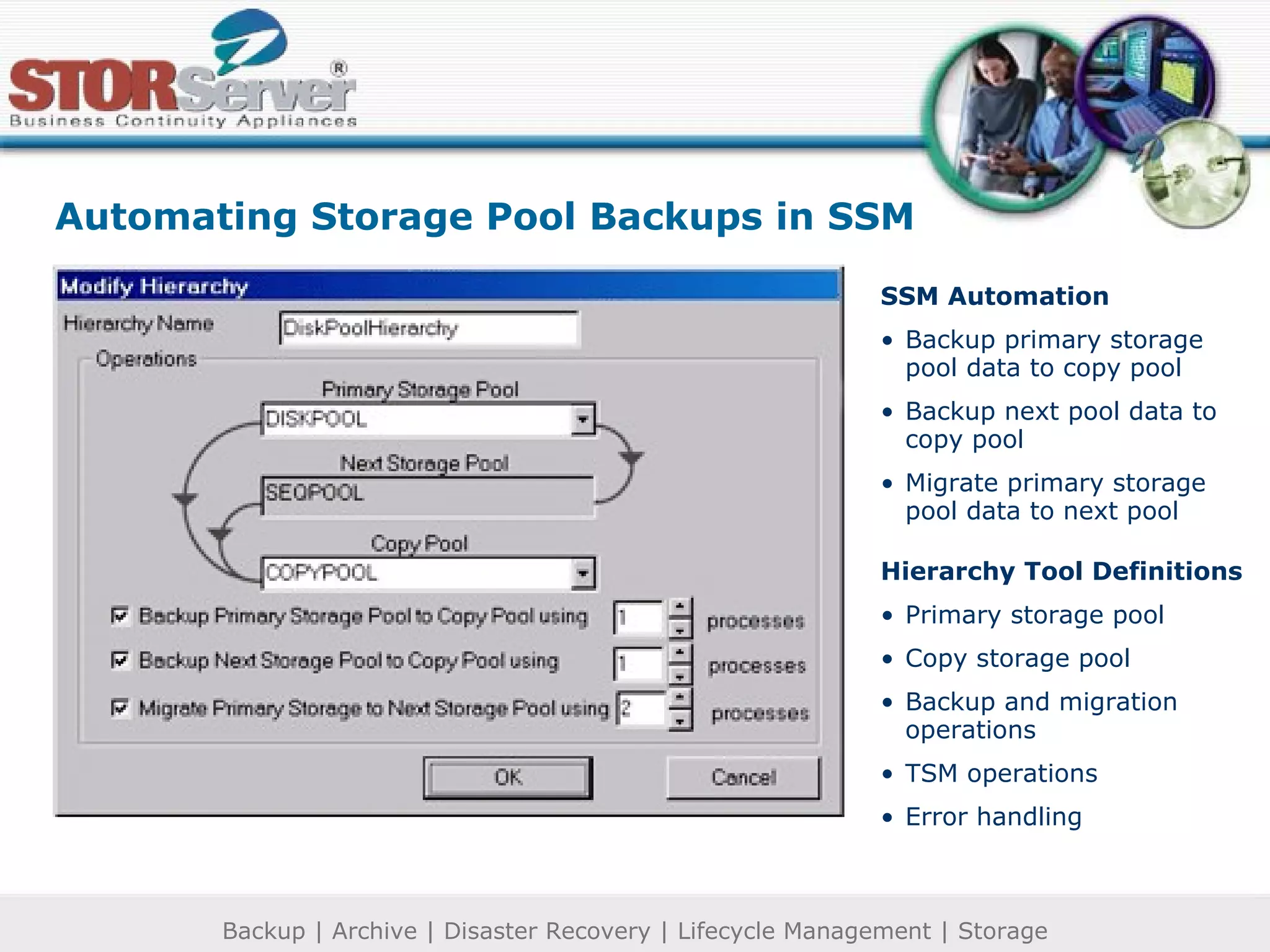 Automating Storage Pool Backups in SSM SSM Automation Backup primary storage  pool data to copy pool Backup next pool data to copy pool Migrate primary storage pool data to next pool Hierarchy Tool Definitions Primary storage pool Copy storage pool Backup and migration operations TSM operations Error handling 