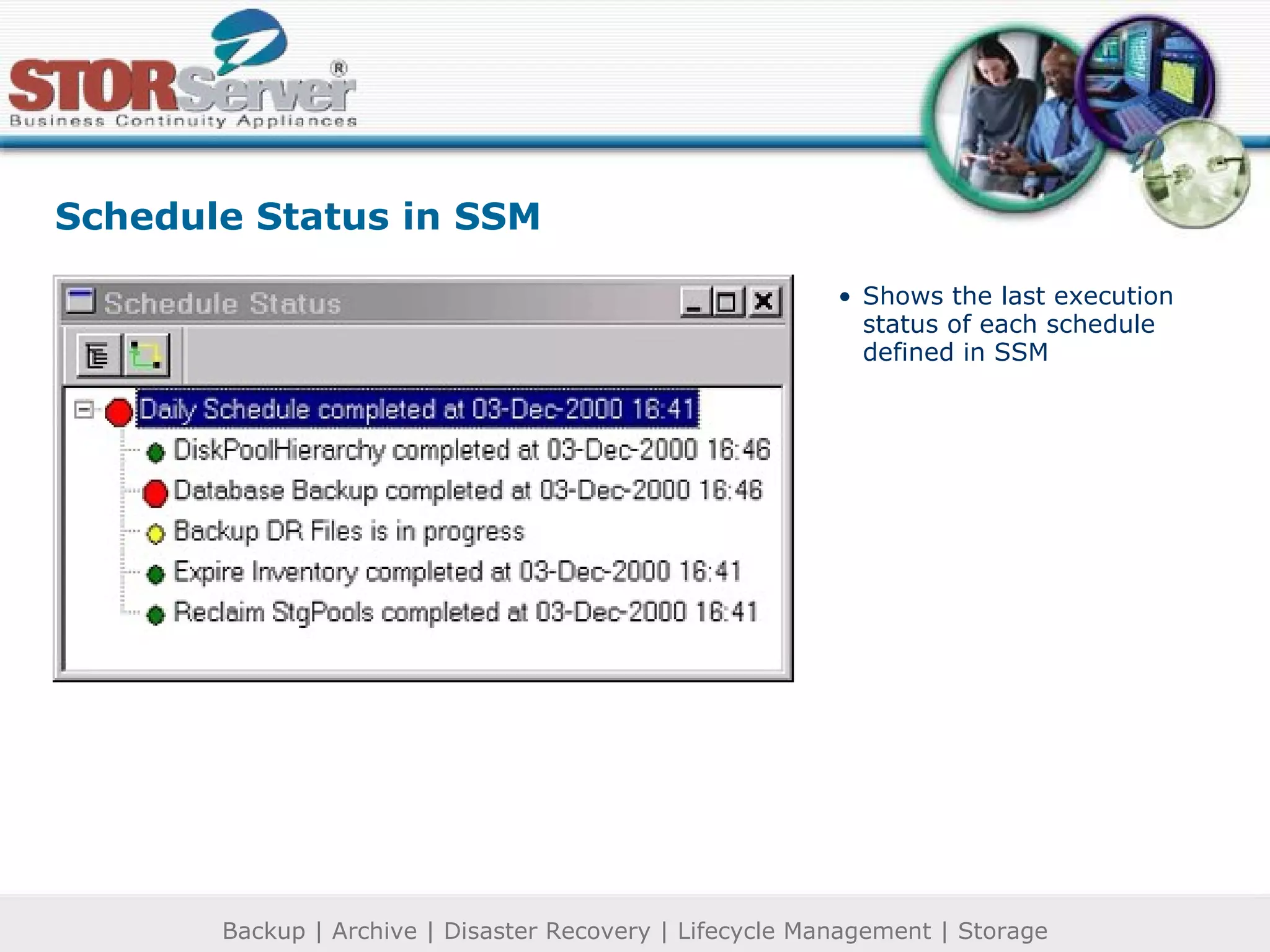 Schedule Status in SSM Shows the last execution status of each schedule defined in SSM 