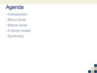 Agenda
• Introduction
• Micro level
• Macro level
• 5 force model
• Summary
 