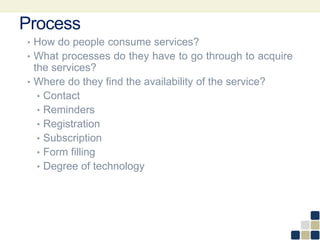 Process
• How do people consume services?
• What processes do they have to go through to acquire
the services?
• Where do they find the availability of the service?
• Contact
• Reminders
• Registration
• Subscription
• Form filling
• Degree of technology
 