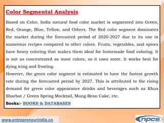 Market Research Report on-India Natural Food Colour Market - Industry Size, Share, Trends, Analysis and Forecasts upto 2027.