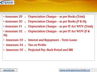 • Annexure 29 :: Depreciation Charges – as per Books (Total)
• Annexure 30 :: Depreciation Charges – as per Books (P & M)
• Annexure 31 :: Depreciation Charges - as per IT Act WDV (Total)
• Annexure 32 :: Depreciation Charges - as per IT Act WDV (P &
M)
• Annexure 33 :: Interest and Repayment - Term Loans
• Annexure 34 :: Tax on Profits
• Annexure 35 :: Projected Pay-Back Period and IRR
www.entrepreneurindia.co
www.niir.org
 