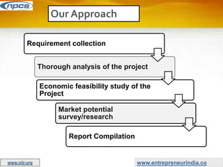 Our Approach
Requirement collection
Thorough analysis of the project
Economic feasibility study of the
Project
Market potential
survey/research
Report Compilation
www.entrepreneurindia.co
www.niir.org
 
