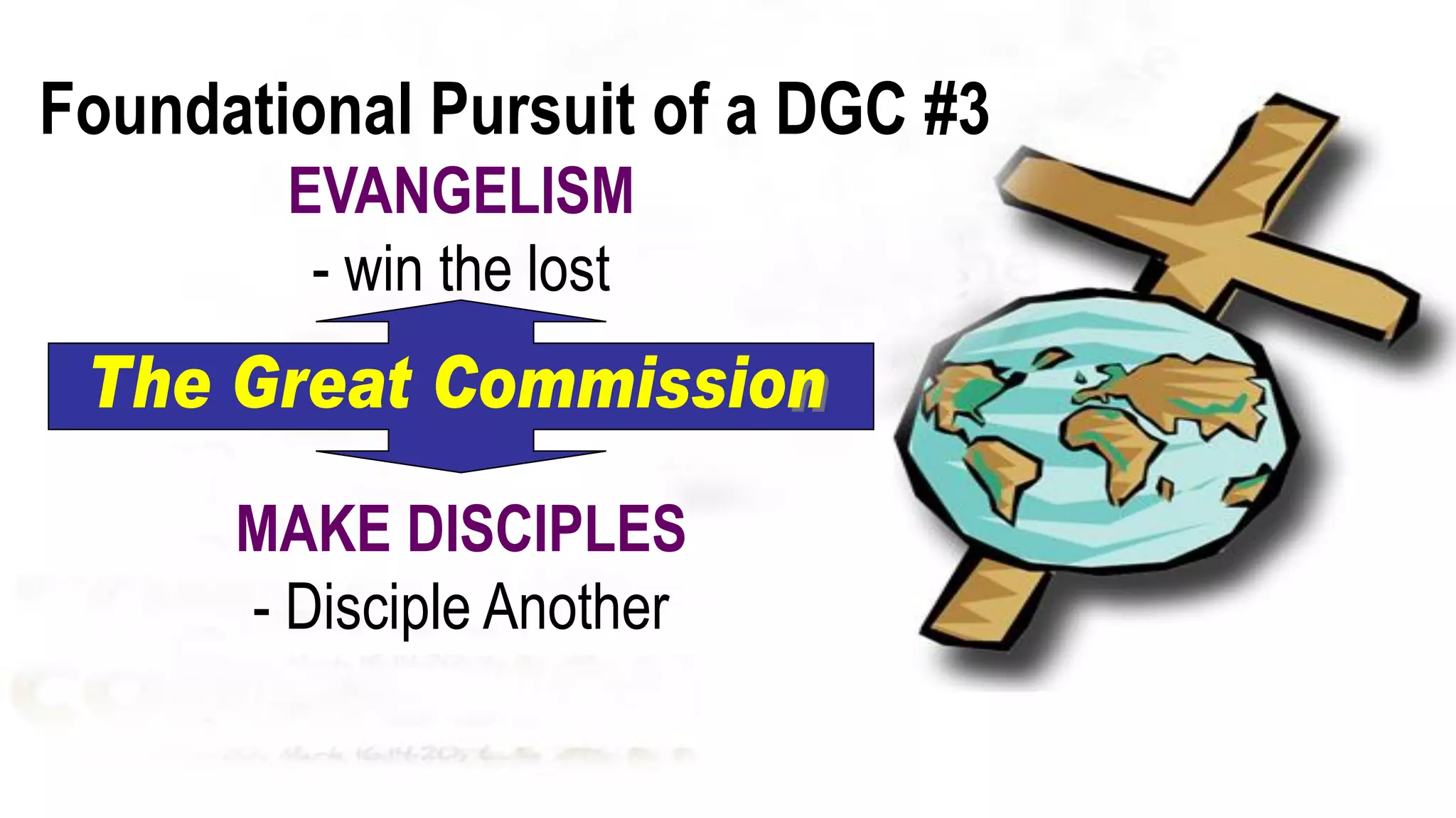Foundational Pursuit of a DGC #3
EVANGELISM
- win the lost
MAKE DISCIPLES
- Disciple Another
 