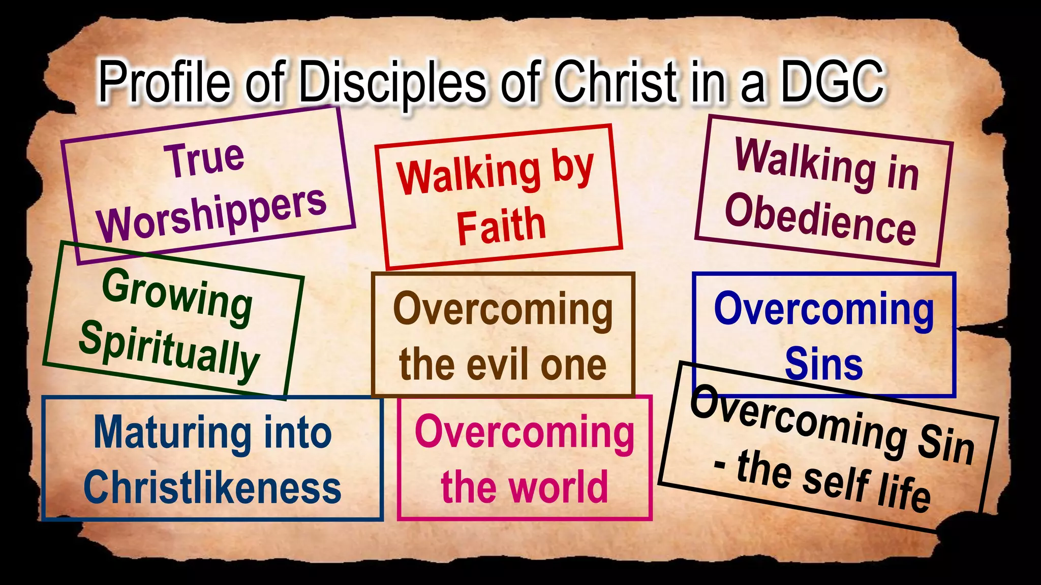 Maturing into
Christlikeness
Overcoming
Sins
Overcoming
the world
Overcoming
the evil one
Profile of Disciples of Christ in a DGC
 