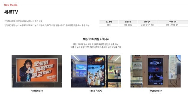세븐TV
편의점 세븐일레븐의 디지털 사이니지 광고 상품
영업시간동안 상시 노출되어 주목도가 높고 식음료, 영화/뮤지컬, 금융 서비스 등 다양한 업종에서 활용 가능
광고 형태
OOH
상품 유형
배너, 동영상
판매 방식
노출수 당 단가 적용
미디어 파워
전국 1,728대 설치
세븐ON 디지털 사이니지
영상, 이미지 형식 모두 지원하여 다양한 콘텐츠 송출 가능,
매출이 높고 유동인구가 많은 점포에 노출되어 높은 도달률 기대
가로형 (42인치) 세로형 (43인치) 매립형 (32인치)
 