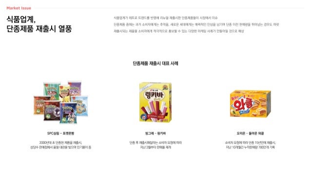 식품업계,
단종제품 재출시 열풍
식품업계가 레트로 트렌드를 반영해 리뉴얼·재출시한 단종제품들이 시장에서 이슈
단종제품 중에는 과거 소비자에게는 추억을, 새로운 세대에게는 매력적인 인상을 남기며 단종 이전 판매량을 뛰어넘는 경우도 여럿
재출시되는 제품을 소비자에게 적극적으로 홍보할 수 있는 다양한 마케팅 사례가 만들어질 것으로 예상
단종제품 재출시 대표 사례
소비자 요청에 따라 단종 15년만에 재출시,
지난 10개월간 누적판매량 780만개 기록
단종 후 재출시해달라는 소비자 요청에 따라
지난 3월부터 판매를 재개
2000년대 초 단종된 제품을 재출시,
상당수 판매점에서 품절 대란을 빚으며 인기몰이 중
SPC삼립 - 포켓몬빵 오리온 – 돌아온 와클
빙그레 – 링키바
 