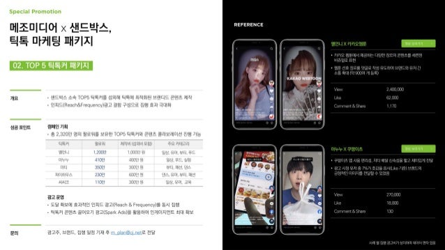 02. TOP 5 틱톡커 패키지
메조미디어 x 샌드박스,
틱톡 마케팅 패키지
개요 • 샌드박스 소속 TOP5 틱톡커를 섭외해 틱톡에 최적화된 브랜디드 콘텐츠 제작
• 인피드(Reach&Frequency)광고 결합 구성으로 집행 효과 극대화
성공 포인트 캠페인 기획
• 총 2,320만 명의 팔로워를 보유한 TOP5 틱톡커와 콘텐츠 콜라보레이션 진행 가능
광고 운영
• 도달 확보에 효과적인 인피드 광고(Reach & Frequency)를 동시 집행
• 틱톡커 콘텐츠 끌어오기 광고(Spark Ads)을 활용하여 인게이지먼트 최대 확보
영상 보러가기
옐언니 X 카카오웹툰
영상 보러가기
아누누 X 쿠팡이츠
문의 광고주, 브랜드, 집행 일정 기재 후 m_plan@cj.net로 전달
 