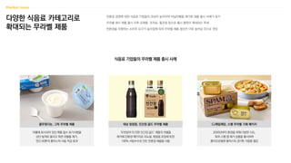 다양한 식음료 카테고리로
확대되는 무라벨 제품
친환경 경영에 대한 식음료 기업들의 관심이 높아지며 비닐라벨을 제거한 제품 출시 사례가 증가
무라벨 생수 제품 출시 이후 유제품, 조미료, 통조림 등으로 출시 품목이 확대되는 추세
친환경을 지향하는 소비자 요구가 높아짐에 따라 무라벨 제품 생산은 더욱 늘어날 것으로 전망
식음료 기업들의 무라벨 제품 출시 사례
2020년부터 환경을 위해 다양한 시도,
특히 스팸 캡 제거 상품을 출시하며
폴리프로필렌 플라스틱 267톤 가량을 절감
‘두번달여 더 진한 진간장 골드’ 제품의 라벨을
제거해 친환경 패키지로 리뉴얼, 묶음용 포장재 또한
100% 사탕수수로 만든 친환경 제품을 사용
라벨에 표시되어 있던 제품 필수 표기사항을
상단 덮개로 올리고 측면 라벨을 제거,
연간 40톤의 플라스틱 사용 저감 효과
풀무원다논, 그릭 무라벨 제품 CJ제일제당, 스팸 무라벨 기획 패키지
대상 청정원, 진간장 골드 무라벨 제품
 