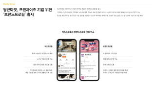 당근마켓, 프랜차이즈 기업 위한
‘브랜드프로필’ 출시
당근마켓은 프랜차이즈 기업의 마케팅 채널인 ‘브랜드프로필’을 출시
기존에는 각 프랜차이즈 지점별로 비즈프로필을 만들어 개별 운영해야 했으나, 브랜드프로필 상품을 통해 본사의 공식 운영이 가능
프로필 계정 하나로 전국 모든 지점 정보를 제공할 수 있으며 추후에는 예약〮주문, 이용자 대상 설문 조사 등 다양한 기능이 추가될 계획
비즈프로필과 브랜드프로필 기능 비교
비즈프로필
동네 소상공인 및 자영업자 대상
누구나 무료로 운영 가능
동네·지역 단위로 프로필 노출
가게 정보와 이벤트 소식 등을 제공,
채팅 기능을 통해 고객과 원활한 소통 가능
브랜드프로필
프랜차이즈 기업 대상
제휴 형태로 운영 가능
전국 단위로 노출
브랜드, 신제품, 혜택 등의 정보를 제공
주문과 고객 관리 기능을 추가할 예정
 