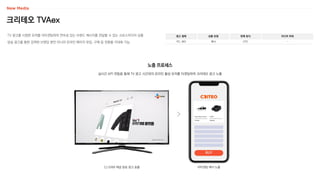 크리테오 TVAex
TV 광고를 시청한 유저를 리타겟팅하여 연속성 있는 브랜드 메시지를 전달할 수 있는 크로스미디어 상품
방송 광고를 통한 강력한 브랜딩 뿐만 아니라 온라인 페이지 유입, 구매 등 전환율 극대화 가능
광고 형태
PC, MO
상품 유형
배너
판매 방식
CPC
미디어 파워
-
노출 프로세스
실시간 API 연동을 통해 TV 광고 시간대의 온라인 활성 유저를 타겟팅하여 크리테오 광고 노출
BUY
리타겟팅 배너 노출
CJ ENM 채널 방송 광고 송출
 