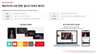 단가 1,000만 원 (CPM 약 18,000원 → 약 16,500원)
SKIP 시점 15초 SKIP (15초 초과 소재의 경우, YouTube 플랫폼에서는 5초 Skip 적용)
소재 길이 제한 6분 이내
메조미디어 사전 판매, 올스타 어워즈 패키지
청룡영화제와 지상파 3사(KBS·MBC·SBS) 연기대상 시상식이 모두 결합된 패키지 상품
콘텐츠 청룡영화제, KBS·MBC·SBS 연기대상
노출 플랫폼 네이버TV, YouTube, 카카오TV, SMR Members
노출 기간 2022년 11월 25일 ~ 2023년 1월 9일 (일정 조정 가능, 사전 인벤토리 확인 필수)
노출 콘텐츠 및 플랫폼 올스타 어워즈 패키지 노출 예시
* 각 프로그램 및 플랫폼별 비중 조정 불가하며, 노출 플랫폼은 방송사 현황에 따라 변동 가능성 있습니다.
* 인벤토리 확인 및 부킹 요청은 메조미디어(m_plan@cj.net)로 연락 바랍니다.
각 방송사 홈페이지
포함 국내 플랫폼
SMR
Members
청룡영화제, 지상파 연기대상 콘텐츠를
모두 커버하는 상품으로, 메조미디어를 통한 사전 판매 진행
 