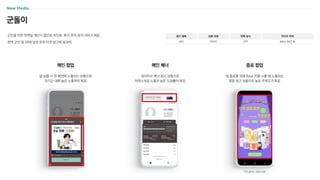 군돌이
군인을 위한 전역일 계산기 앱으로 식단표, 휴가 관리 등의 서비스 제공
현역 군인 및 20대 남성 유저 타겟 광고에 효과적
광고 형태
MO
상품 유형
이미지
판매 방식
CPP
미디어 파워
MAU 34만 명
앱 실행 시 첫 화면에 노출되는 상품으로
단기간 내에 높은 노출력이 특징
메인 팝업
네이티브 배너 광고 상품으로
자연스러운 노출과 높은 도달률이 특징
메인 배너
앱 종료를 위해 Back 키를 누를 때 노출되는
팝업 광고 상품으로 높은 주목도가 특징
종료 팝업
*안드로이드 OS만 지원
 