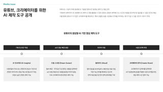 유튜브, 크리에이터를 위한
AI 제작 도구 공개
유튜브의 생성형 AI 기반 영상 제작 도구
유튜브는 구글의 자체 생성형 AI 기술을 접목시킨 동영상 제작 도구를 공개
기획부터 제작까지 전 과정에서 AI 제작 도구를 활용할 수 있어 유튜브 콘텐츠 제작에 드는 시간과 비용을 효과적으로 절감할 수 있을 것으로 예상
이를 통해 유튜브가 더 많은 크리에이터를 확보하고, 특히 과열된 숏폼 시장에서 우위를 차지하는 계기가 될 수 있을 것인지 귀추가 주목
AI 인사이트 (AI Insights)
시청자들이 주로 보는 콘텐츠와 관심사 기반으로
콘텐츠 아이디어나 영상 개요 초안을 AI가 작성,
반응도 높은 콘텐츠 제작 가능
드림 스크린 (Dream Screen)
‘물속 배경’, ‘우주공간’ 등 원하는 내용을 입력하면
쇼츠 영상 배경으로 사용될 동영상〮이미지 생성,
더욱 크리에이티브한 콘텐츠 제작 가능
얼라우드 (Aloud)
영어 영상을 포르투갈어∙스페인어로 자동 더빙,
지원 가능 언어를 확대하고 있으며
번역 비용 절감 및 언어 장벽 문제 해결 기대
크리에이터 뮤직 (Creator Music)
크리에이터가 검색어를 입력하면
AI가 동영상에 삽입할 적절한 사운드트랙을 추천,
영상 제작 시간 절약 가능
기획 및 초안 작성 쇼츠 영상 배경 생성 외국어 더빙 사운드트랙 추천
 