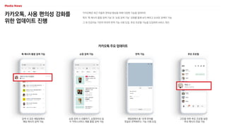 카카오톡, 사용 편의성 강화를
위한 업데이트 진행
카카오톡은 최근 이용자 편의성 향상을 위해 다양한 기능을 업데이트
특히 ‘톡 메시지 통합 검색 기능’과 ‘쇼핑 검색 기능’ 강화를 통해 보다 빠르고 손쉬운 검색이 가능
그 외 인공지능 기반의 외국어 번역 기능 시범 도입, 추모 프로필 기능을 도입하여 서비스 개선
카카오톡 주요 업데이트
톡 메시지 통합 검색 기능 추모 프로필
쇼핑 검색 기능 번역 기능
검색 시 모든 채팅방에서
해당 메시지 검색 가능
쇼핑 검색 시 선물하기, 쇼핑라이브 등
각 커머스서비스 제품 통합 검색 가능
고인을 위한 추모 프로필 설정
· 추모 메시지 전달 가능
채팅방에서 총 19개 언어를
한글로 번역해주는 기능 시범 도입
 