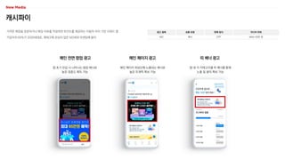 캐시파이
가까운 매장을 방문하거나 매장 리뷰를 작성하면 포인트를 제공하는 이용자 위치 기반 리워드 앱
가입자의 63%가 2030세대로, 재테크에 관심이 많은 MZ세대 타겟팅에 용이
광고 형태
MO
상품 유형
배너
판매 방식
CPP
미디어 파워
MAU 50만 명
메인 페이지 광고
메인 페이지 최상단에 노출되는 배너로
높은 트래픽 확보 가능
앱 초기 진입 시 나타나는 팝업 배너로
높은 집중도 획득 가능
앱 내 각 카테고리별 띠 배너를 통해
노출 및 클릭 확보 가능
메인 전면 팝업 광고 띠 배너 광고
 