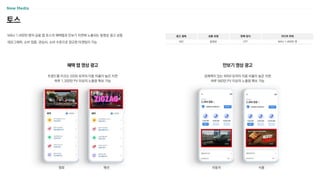 토스
MAU 1,400만 명의 금융 앱 토스의 혜택탭과 만보기 지면에 노출되는 동영상 광고 상품
데모그래피, 소비 업종, 관심사, 소비 수준으로 정교한 타겟팅이 가능
광고 형태
MO
상품 유형
동영상
판매 방식
CPT
미디어 파워
MAU 1,400만 명
영화 패션
만보기 영상 광고
경제력이 있는 4050 유저의 이용 비율이 높은 지면
하루 560만 PV 이상의 노출량 확보 가능
트렌드를 이끄는 2030 유저의 이용 비율이 높은 지면
하루 1,300만 PV 이상의 노출량 확보 가능
혜택 탭 영상 광고
자동차 식품
 