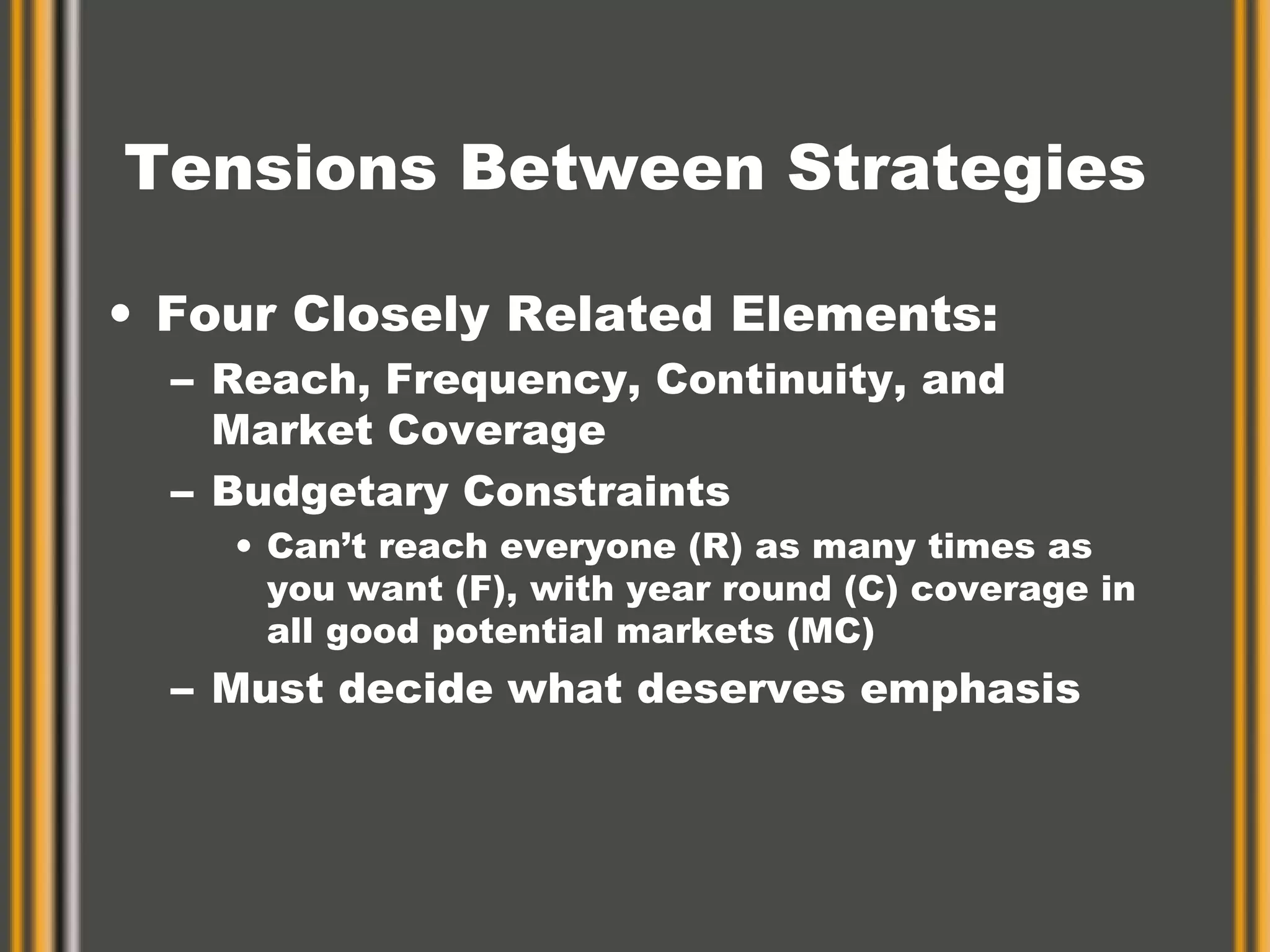 Tensions Between Strategies Four Closely Related Elements: Reach, Frequency, Continuity, and Market Coverage Budgetary Constraints Can’t reach everyone (R) as many times as you want (F), with year round (C) coverage in all good potential markets (MC) Must decide what deserves emphasis 