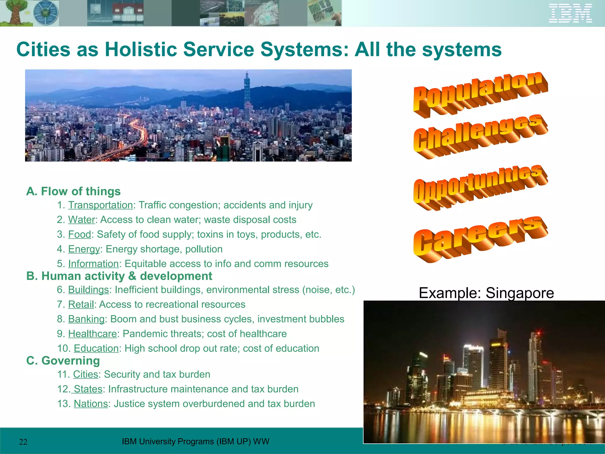 22 © 2010 IBM CorporationIBM University Programs (IBM UP) WW
A. Flow of things
1. Transportation: Traffic congestion; accidents and injury
2. Water: Access to clean water; waste disposal costs
3. Food: Safety of food supply; toxins in toys, products, etc.
4. Energy: Energy shortage, pollution
5. Information: Equitable access to info and comm resources
B. Human activity & development
6. Buildings: Inefficient buildings, environmental stress (noise, etc.)
7. Retail: Access to recreational resources
8. Banking: Boom and bust business cycles, investment bubbles
9. Healthcare: Pandemic threats; cost of healthcare
10. Education: High school drop out rate; cost of education
C. Governing
11. Cities: Security and tax burden
12. States: Infrastructure maintenance and tax burden
13. Nations: Justice system overburdened and tax burden
Cities as Holistic Service Systems: All the systems
Example: Singapore
 
