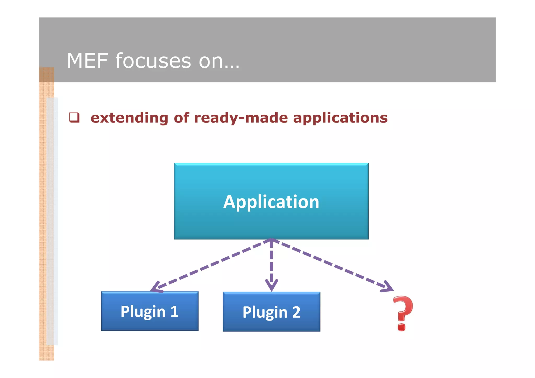 MEF focuses on…

  extending of ready-made applications




                  Application




     Plugin 1       Plugin 2
 